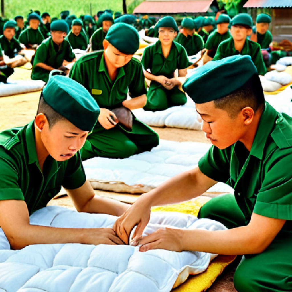 **Image Prompt:** A group of fresh Vietnamese army recruits in basic training, learning to fold blankets precisely like "banh chung" (square glutinous rice cakes), showcasing discipline and attention to detail. The setting should be a sunny military barrack.