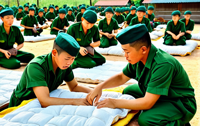**Image Prompt:** A group of fresh Vietnamese army recruits in basic training, learning to fold blankets precisely like "banh chung" (square glutinous rice cakes), showcasing discipline and attention to detail. The setting should be a sunny military barrack.
