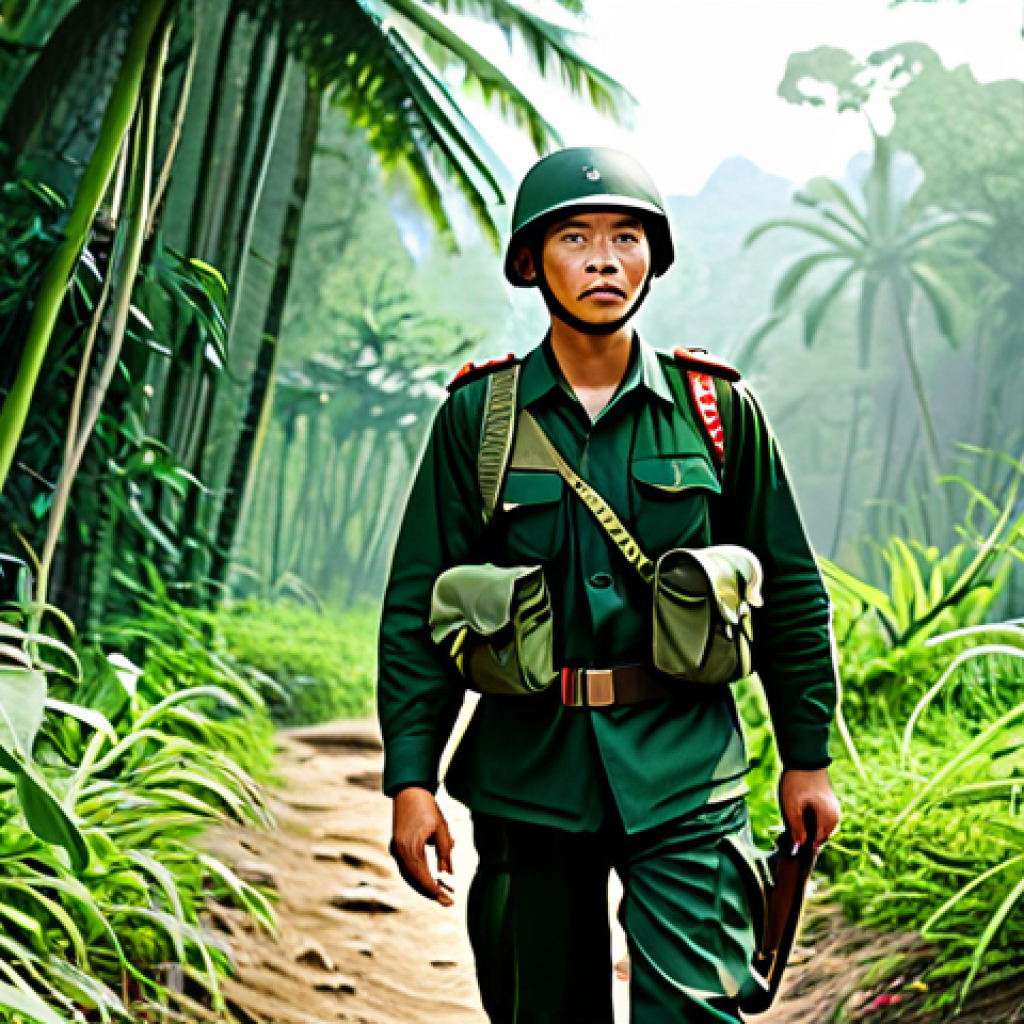 **Image:** A fully clothed Vietnamese soldier, in standard military uniform, hiking through a lush jungle terrain. Backpack is properly fitted. Emphasis on perfect anatomy, well-formed hands, and a natural pose. Background should include dense vegetation and filtered sunlight. Safe for work, appropriate content, professional, family-friendly.