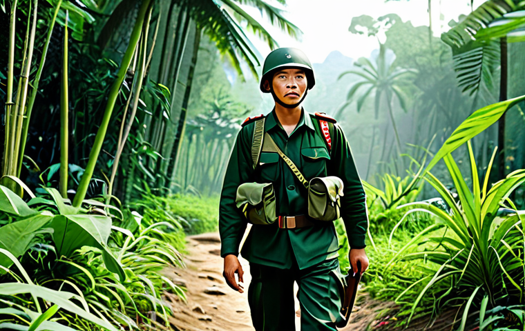**Image:** A fully clothed Vietnamese soldier, in standard military uniform, hiking through a lush jungle terrain. Backpack is properly fitted. Emphasis on perfect anatomy, well-formed hands, and a natural pose. Background should include dense vegetation and filtered sunlight. Safe for work, appropriate content, professional, family-friendly.