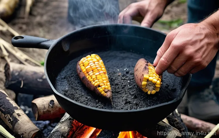 육군 야전 취사법 - **Prompt:** A close-up, well-lit shot showcasing the ingenuity of wilderness cooking. An adult's han...