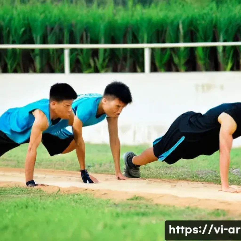 육군 신병 훈련소 기초 체력 테스트 - **Prompt:** A group of young Vietnamese men, approximately 18-22 years old, engaged in various physi...
