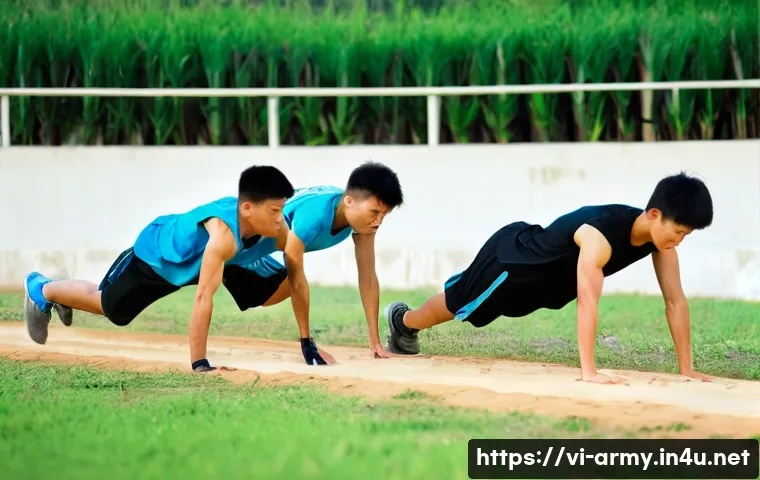 육군 신병 훈련소 기초 체력 테스트 - **Prompt:** A group of young Vietnamese men, approximately 18-22 years old, engaged in various physi...