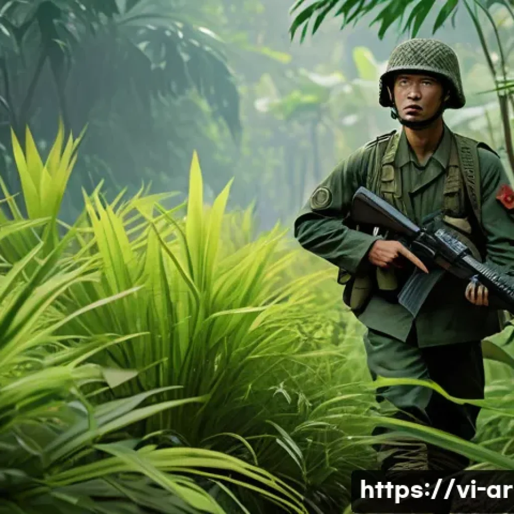 육군 부대 내 계급별 역할 - A detailed scene of a Vietnamese infantry soldier in full combat uniform and gear, patrolling a lush...