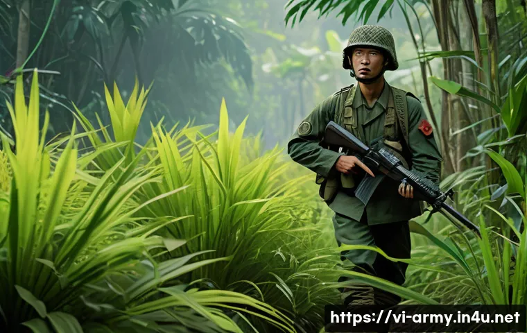 육군 부대 내 계급별 역할 - A detailed scene of a Vietnamese infantry soldier in full combat uniform and gear, patrolling a lush...