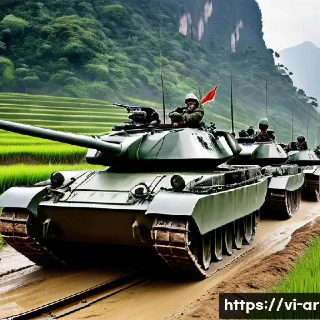 육군 기갑 부대의 역할 - A highly detailed scene of Vietnamese infantry tanks maneuvering smoothly through rugged mountainous...