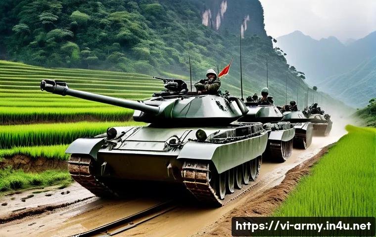 육군 기갑 부대의 역할 - A highly detailed scene of Vietnamese infantry tanks maneuvering smoothly through rugged mountainous...