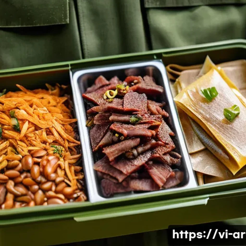 육군 전투식량 종류 및 맛 - A detailed close-up of a Vietnamese military meal box featuring a variety of dry and semi-dry foods ...