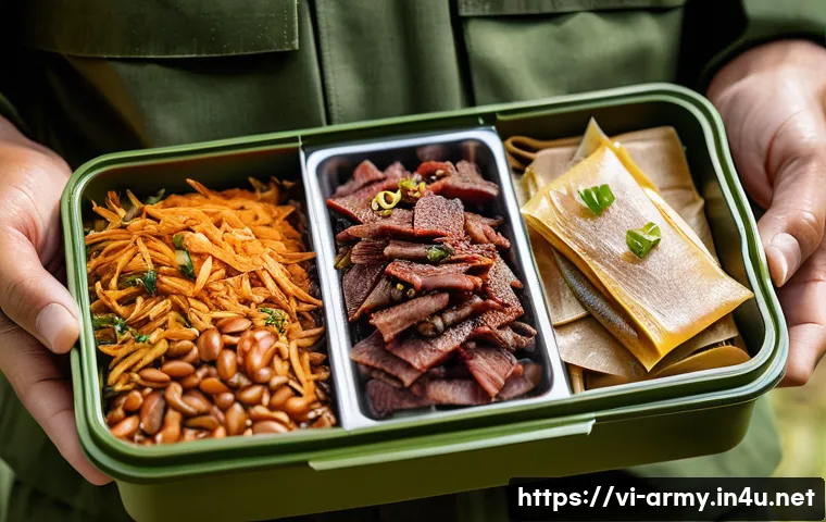 육군 전투식량 종류 및 맛 - A detailed close-up of a Vietnamese military meal box featuring a variety of dry and semi-dry foods ...