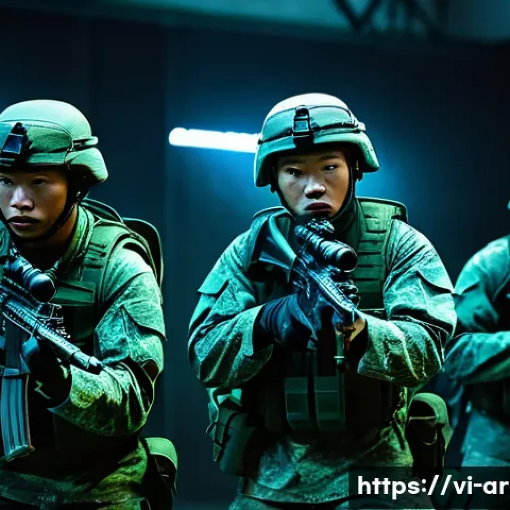 육군 과학화 전투 훈련 - A group of Vietnamese soldiers in modern camouflage uniforms training with advanced 3D simulation te...