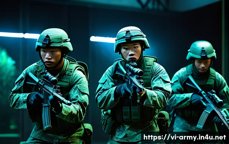 육군 과학화 전투 훈련 - A group of Vietnamese soldiers in modern camouflage uniforms training with advanced 3D simulation te...
