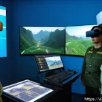 Home 21 육군 포병 화력 시뮬레이션 - A high-tech artillery training simulation room in a modern Vietnamese military base, featuring soldi...