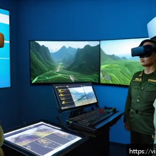 Home 33 육군 포병 화력 시뮬레이션 - A high-tech artillery training simulation room in a modern Vietnamese military base, featuring soldi...
