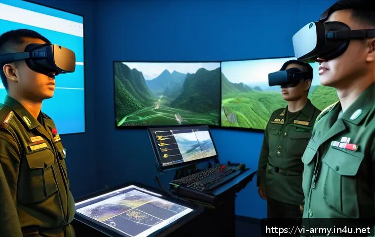 육군 포병 화력 시뮬레이션 - A high-tech artillery training simulation room in a modern Vietnamese military base, featuring soldi...
