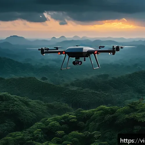 Home 32 육군 드론봇 전투체계 - A high-tech surveillance drone flying over a dense Vietnamese jungle at dusk, equipped with infrared...
