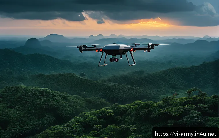 육군 드론봇 전투체계 - A high-tech surveillance drone flying over a dense Vietnamese jungle at dusk, equipped with infrared...