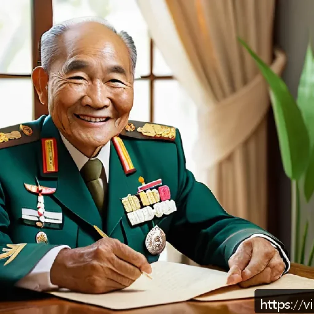 육군 퇴역 군인 지원 제도 - A dignified Vietnamese veteran in his 60s wearing a neat military-style uniform with medals pinned o...