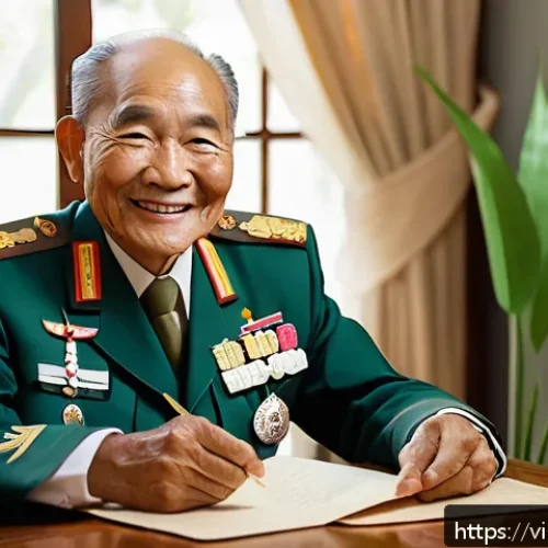 Home 30 육군 퇴역 군인 지원 제도 - A dignified Vietnamese veteran in his 60s wearing a neat military-style uniform with medals pinned o...