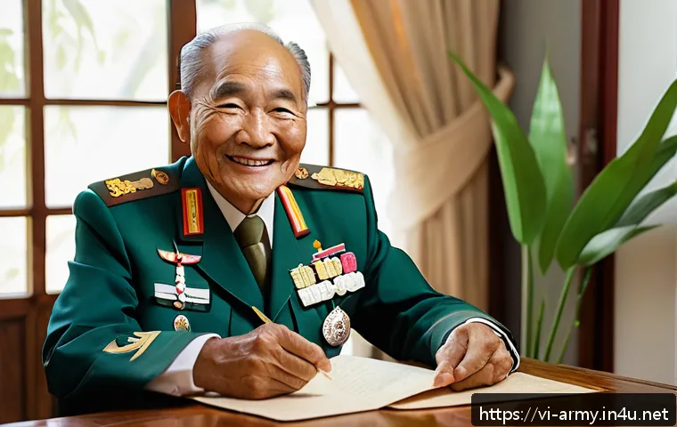육군 퇴역 군인 지원 제도 - A dignified Vietnamese veteran in his 60s wearing a neat military-style uniform with medals pinned o...