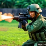 Home 23 육군 전술무기 훈련 방법 - A Vietnamese soldier in full tactical gear practicing rapid target shooting under high-pressure cond...