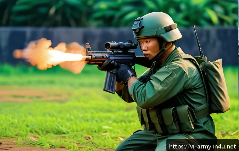 육군 전술무기 훈련 방법 - A Vietnamese soldier in full tactical gear practicing rapid target shooting under high-pressure cond...