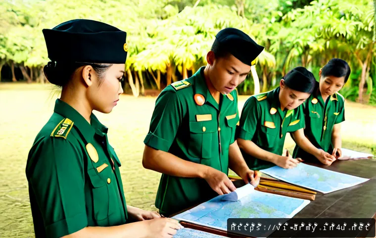 육군 장교 후보생 과정 - Photorealistic Vietnamese army officer candidate training scene, diverse young adult Vietnamese cade...